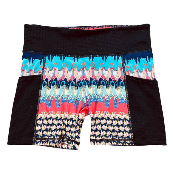 Nux NEW Workout Bike Shorts Blue Pink Black Bird Print With Pockets Medium - Picture 1 of 9